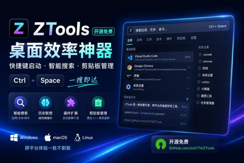 ZTools:免费开源桌面效率神器,快捷键启动、智能搜索、剪贴板管理-向阳资源站