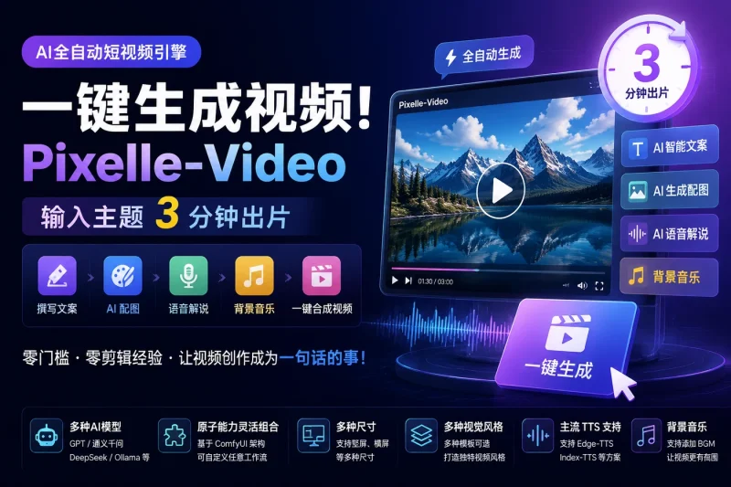 一键生成视频!AI全自动短视频引擎Pixelle-Video,输入主题3分钟出片-向阳资源站