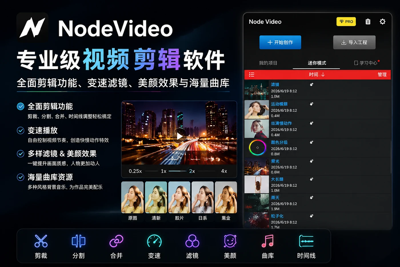 NodeVideo 专业级视频剪辑软件 – 全面剪辑功能、变速滤镜、美颜效果与海量曲库-向阳资源站