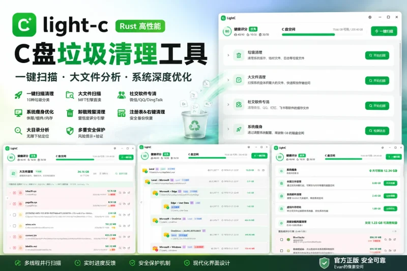 C盘垃圾清理工具 light-c:一键扫描、大文件分析与系统深度优化-向阳资源站