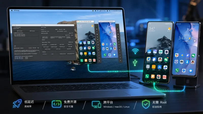 QTScrcpy免费开源工具:电脑控制安卓手机,低延迟高帧率无需root-向阳资源站