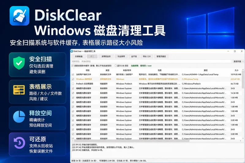 DiskClear | Windows 磁盘清理工具 – 安全扫描系统与软件缓存,表格展示路径大小风险-向阳资源站