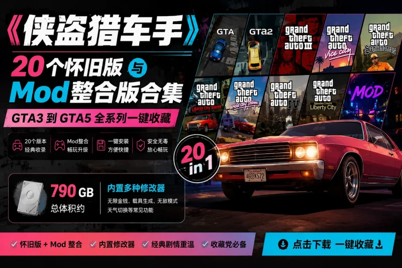 侠盗猎车手 20 个怀旧版与 Mod 整合版合集:GTA3 到 GTA5 全系列一键收藏-向阳资源站