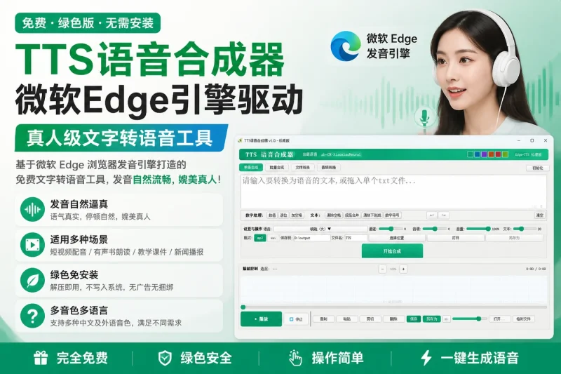 免费TTS语音合成器绿色版:微软Edge引擎驱动的真人级文字转语音工具-向阳资源站