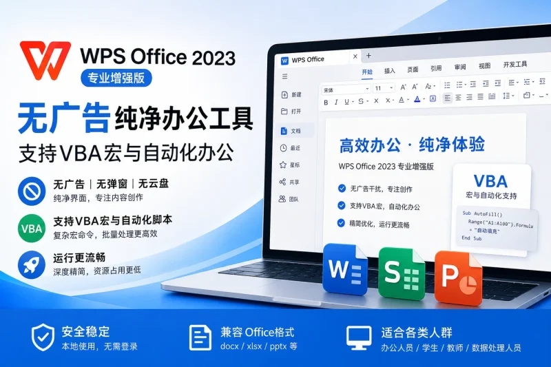 WPS Office 2023专业增强版:无广告纯净办公工具,支持VBA宏与自动化办公-向阳资源站