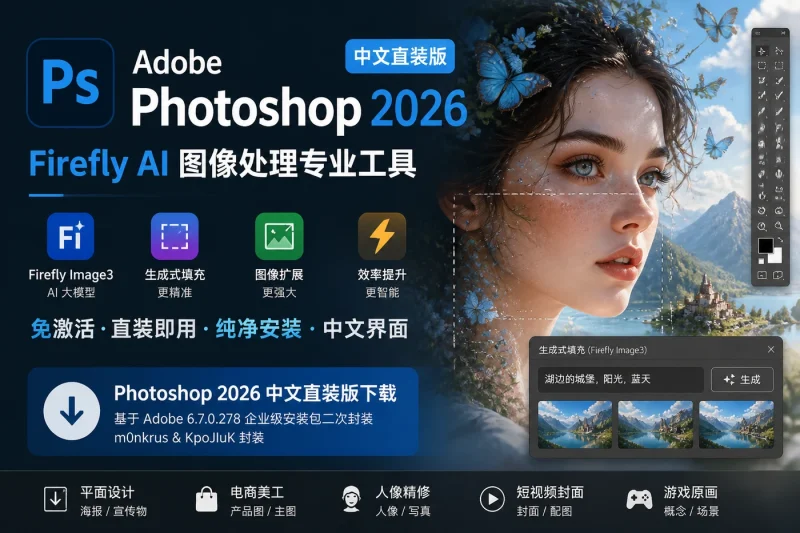 Adobe Photoshop 2026 中文直装版下载:Firefly AI 图像处理专业工具指南-向阳资源站