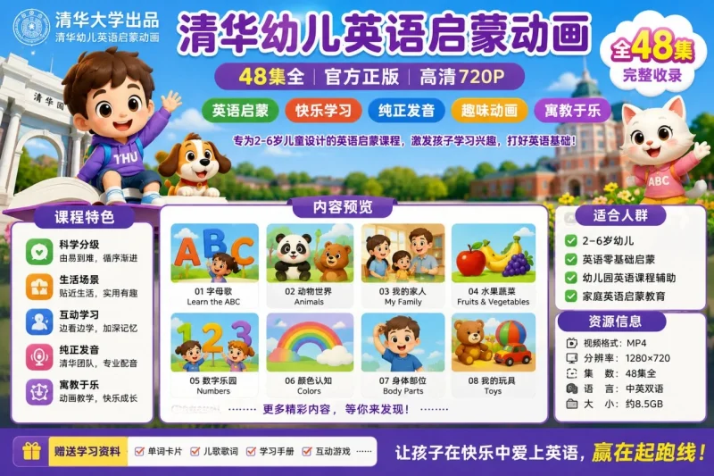 清华幼儿英语启蒙动画48集：适合0-6岁宝宝的英语听说与认知启蒙动画-向阳资源站