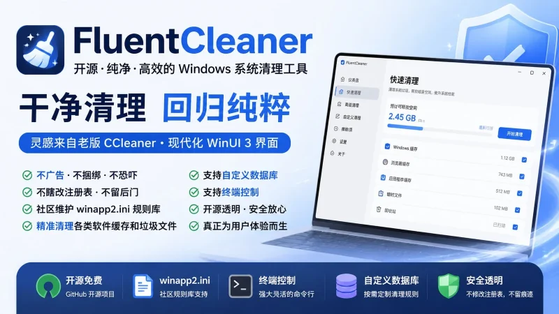 FluentCleaner:开源无广告的 Windows 系统清理工具,WinUI 3 界面精准清理缓存垃圾-向阳资源站