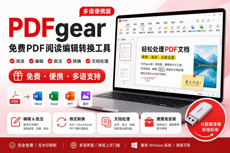 PDFgear 多语便携版:免费PDF阅读编辑转换工具,支持批注与文档处理-向阳资源站