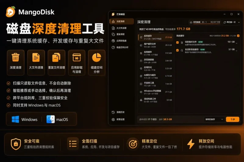 MangoDisk 磁盘深度清理工具:一键清理系统缓存、开发缓存与重复大文件-向阳资源站