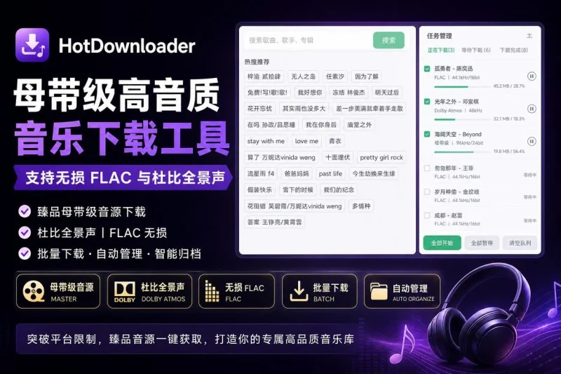 HotDownloader 母带级高音质音乐下载工具 – 支持无损FLAC与杜比全景声-向阳资源站