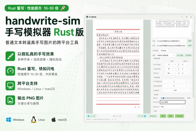 handwrite-sim 手写模拟器 Rust 版:普通文本转逼真手写图片的跨平台工具-向阳资源站