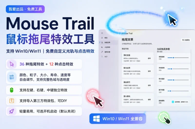 Windows鼠标拖尾特效工具推荐:吾爱出品的Mouse Trail,支持Win10/Win11免费自定义光轨与点击特效-向阳资源站