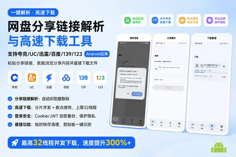 网盘分享链接解析与高速下载工具:支持夸克/UC/迅雷/百度/139/123的Android应用-向阳资源站