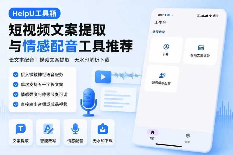 短视频文案提取与情感配音工具推荐:HelpU工具箱满足长文本配音与视频素材解析需求-向阳资源站