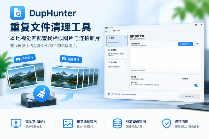 DupHunter重复文件清理工具:本地视觉匹配查找相似图片与连拍照片-向阳资源站