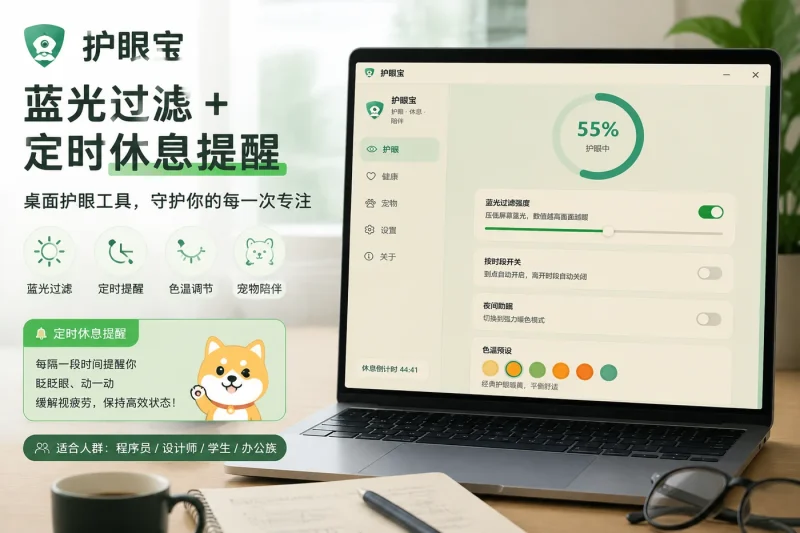 护眼宝:蓝光过滤与定时休息提醒的桌面护眼工具,适合程序员、设计师和学生-向阳资源站