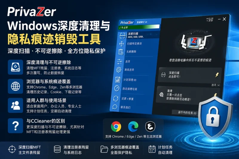 PrivaZer:Windows深度清理与隐私痕迹销毁工具的功能与使用场景-向阳资源站